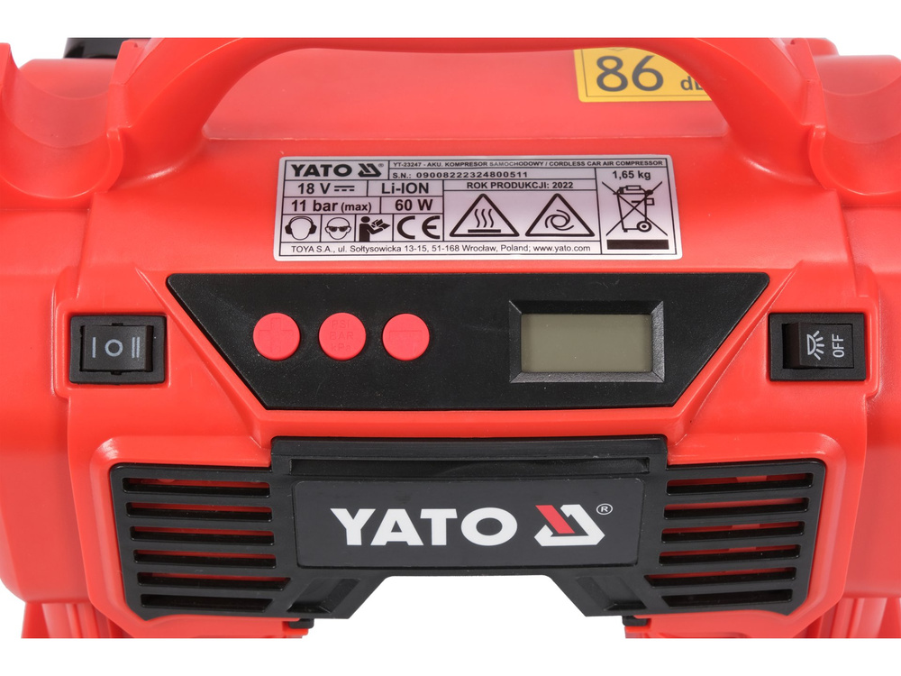 Yato Akkus kompresszor 11 bar 18V - 1 x 3,0 Ah akku töltővel + 12V szivargyújtó - YT-23247